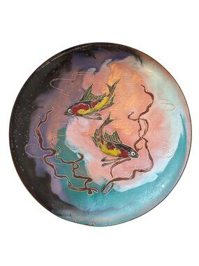 Vintage Kayser Holland Enamel Copper Fish Dish MCM Signed 5" Hand Painted